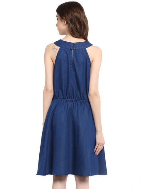 Generic Women's Denim Solid Sleeveless Dress (Blue)