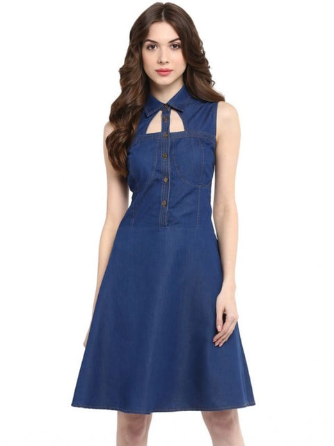 Generic Women's Denim Solid Sleeveless Dress (Navy Blue)