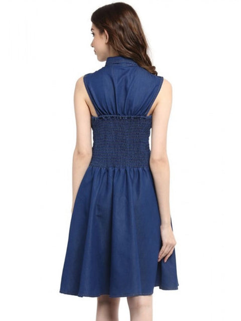 Generic Women's Denim Solid Sleeveless Dress (Navy Blue)