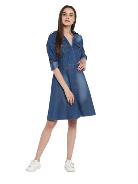 Generic Women's Denim Solid Roll Up Sleeve Dress (Blue)