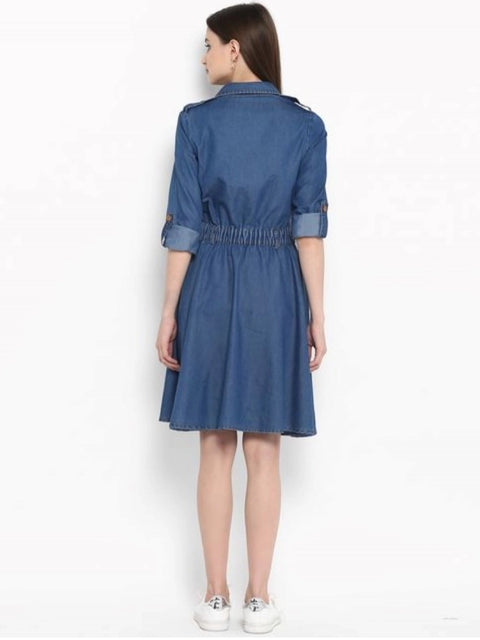 Generic Women's Denim Solid Roll Up Sleeve Dress (Blue)