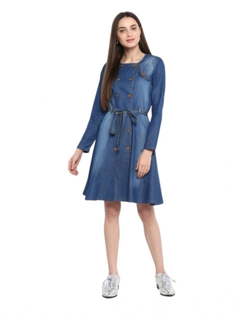 Generic Women's Denim Washed Regular Sleeves Dress (Blue)