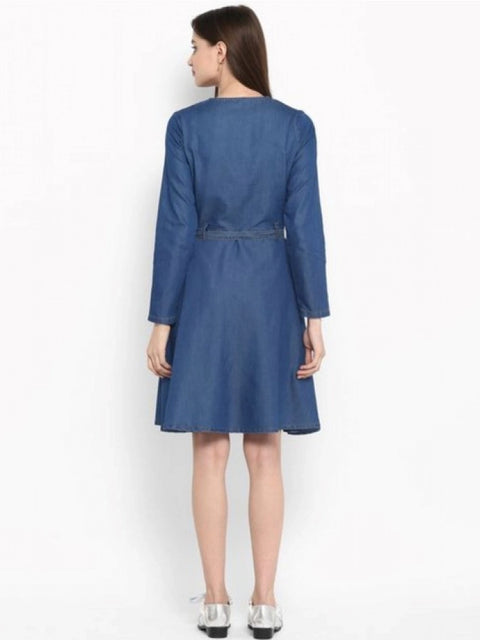 Generic Women's Denim Washed Regular Sleeves Dress (Blue)