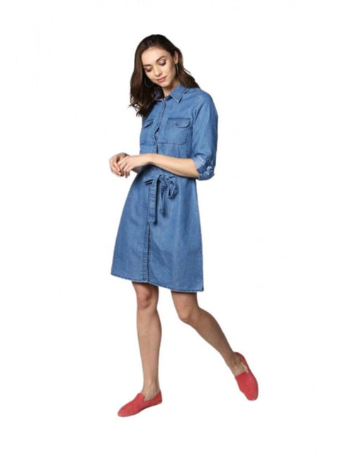 Generic Women's Denim Solid Roll Up Sleeve Dress (Blue)