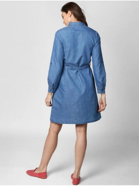 Generic Women's Denim Solid Roll Up Sleeve Dress (Blue)