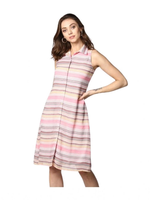 Generic Women's Polyester Striped Sleeveless Dress (Pink)