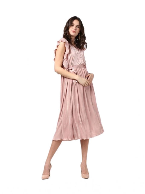Generic Women's Polyester Pleated Flutter Dress (Champagne Gold)