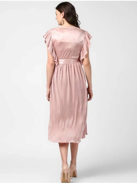Generic Women's Polyester Pleated Flutter Dress (Champagne Gold)