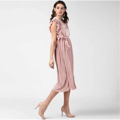 Generic Women's Polyester Pleated Flutter Dress (Champagne Gold)