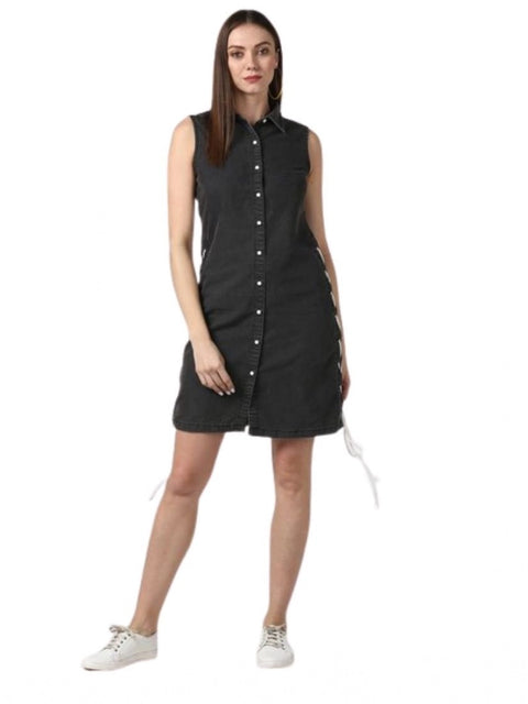 Generic Women's Denim Solid Sleeveless Dress (Black)