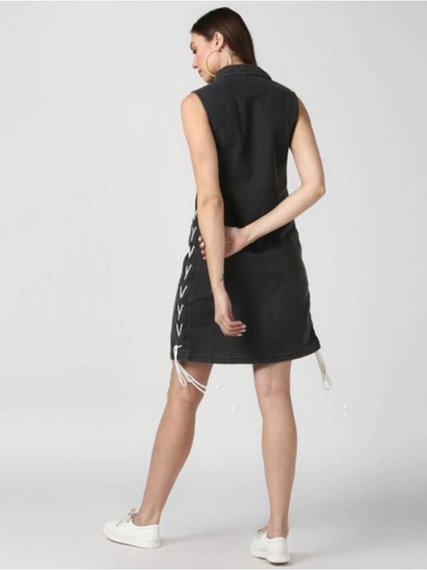 Generic Women's Denim Solid Sleeveless Dress (Black)