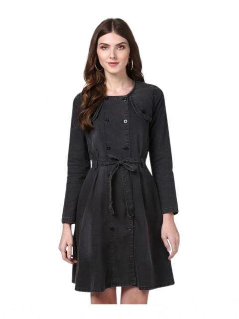 Generic Women's Denim Washed Long Sleeves Dress (Black)