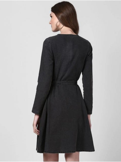 Generic Women's Denim Washed Long Sleeves Dress (Black)