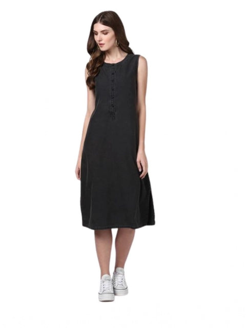 Generic Women's Denim Solid Sleeveless Dress (Black)