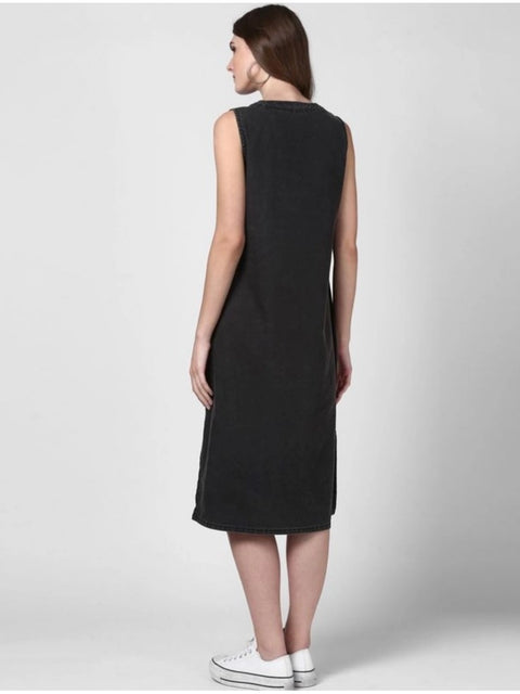 Generic Women's Denim Solid Sleeveless Dress (Black)