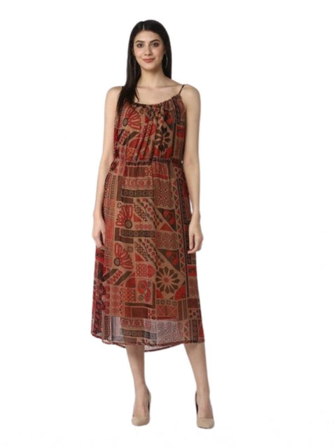 Generic Women's Polyester Printed Shoulder Straps Dress (Maroon - Brown)