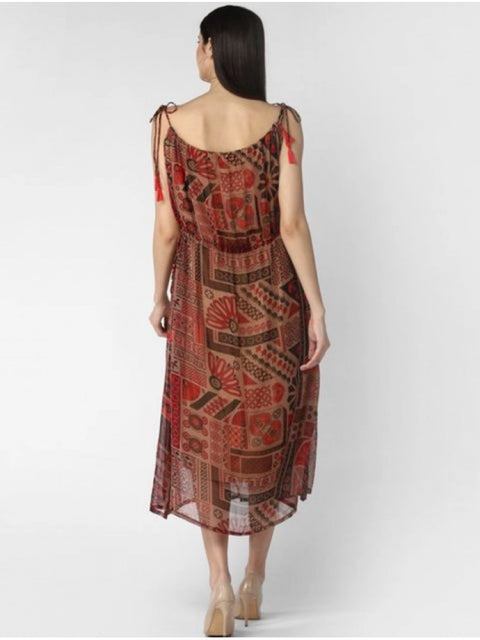 Generic Women's Polyester Printed Shoulder Straps Dress (Maroon - Brown)