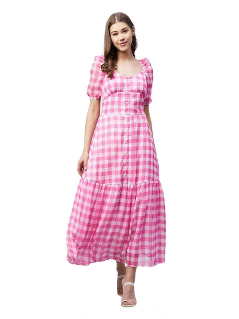 Generic Women's Polyester Georgette Checkered Half Sleeve Dress (Pink)