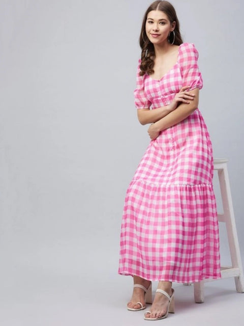 Generic Women's Polyester Georgette Checkered Half Sleeve Dress (Pink)