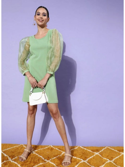 Generic Women's Organza And Polyester Lycra Solid Long Sleeves Dress (Green)