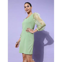 Generic Women's Organza And Polyester Lycra Solid Long Sleeves Dress (Green)