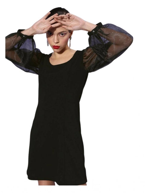 Generic Women's Organza And Polyester Lycra Solid Long Sleeves Dress (Black)