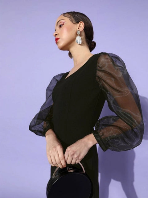 Generic Women's Organza And Polyester Lycra Solid Long Sleeves Dress (Black)