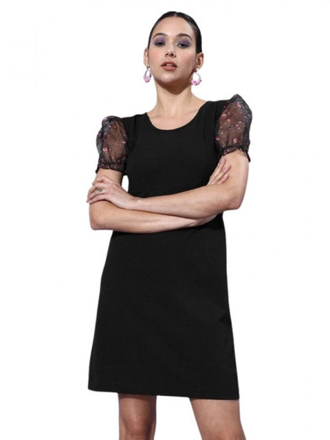 Generic Women's Organza And Polyester Lycra Floral Short Sleeve Dress (Black)