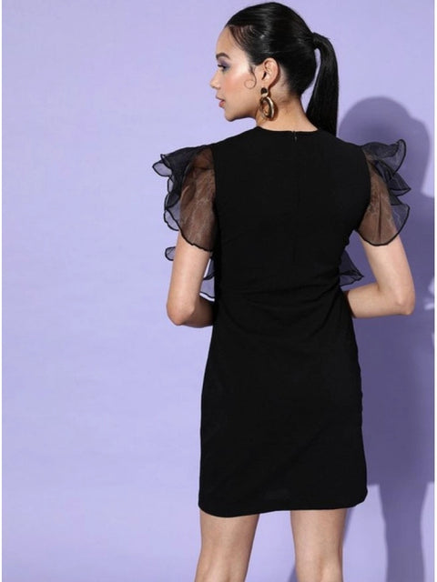 Generic Women's Organza And Polyester Lycra Ruffled Sleeveless Dress (Black)