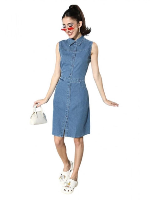 Generic Women's Denim Solid Sleeveless Dress (Blue)