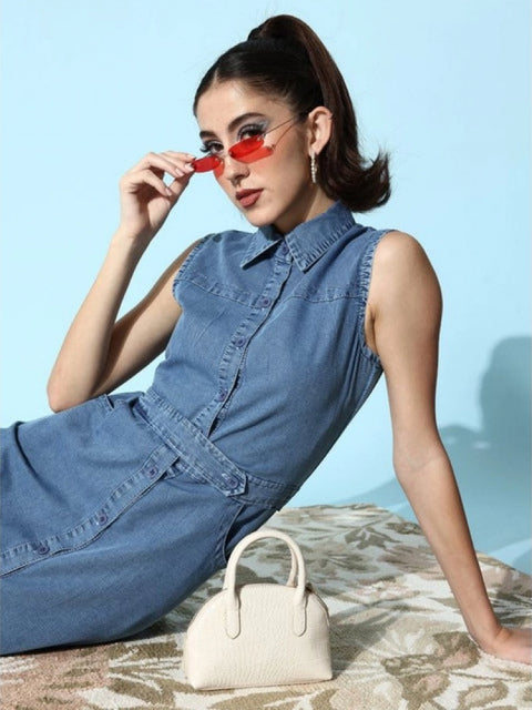 Generic Women's Denim Solid Sleeveless Dress (Blue)