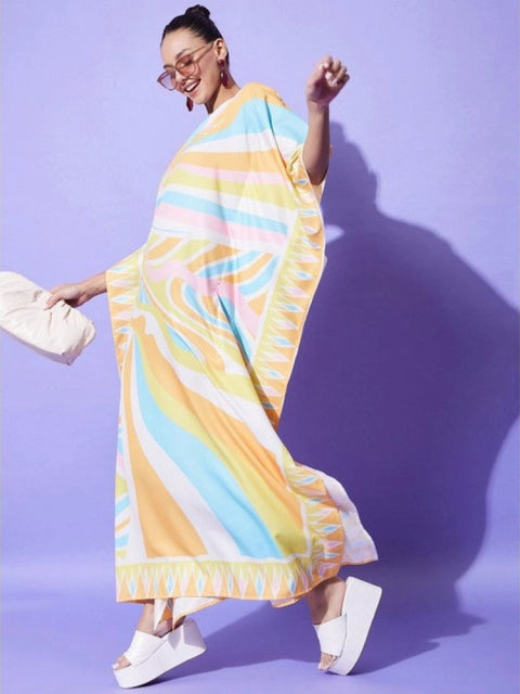 Generic Women's Satin Colour Blocking Kaftan Dress (Multicolor)