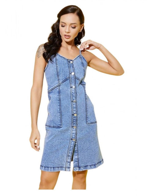 Generic Women's Denim Solid Sleeveless Dress (Blue)
