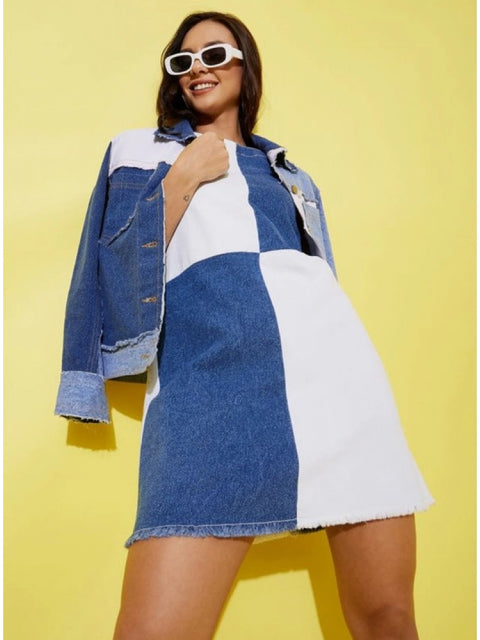Generic Women's Denim Color Blocking Sleeveless Dress (Blue)