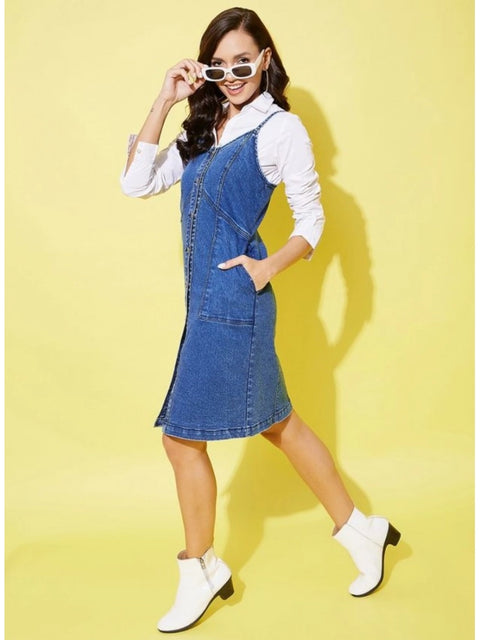 Generic Women's Denim Washed Shoulder Straps Dress (Blue)