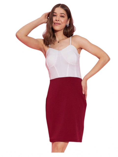 Generic Women's Polyester Lycra Color Blocking Shoulder Straps Dress (White - Maroon)