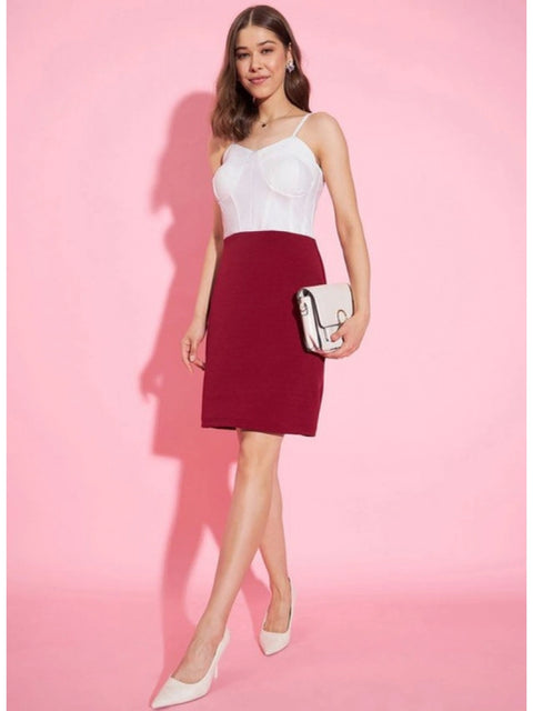 Generic Women's Polyester Lycra Color Blocking Shoulder Straps Dress (White - Maroon)