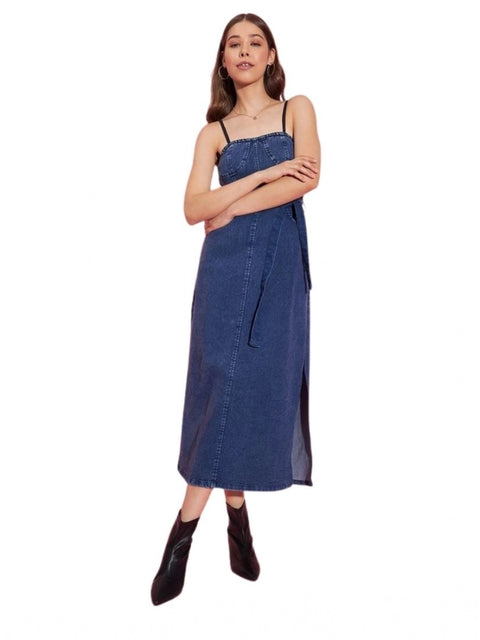 Generic Women's Denim Solid Shoulder Straps Dress (Blue)