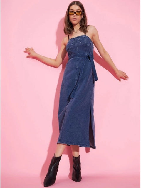 Generic Women's Denim Solid Shoulder Straps Dress (Blue)