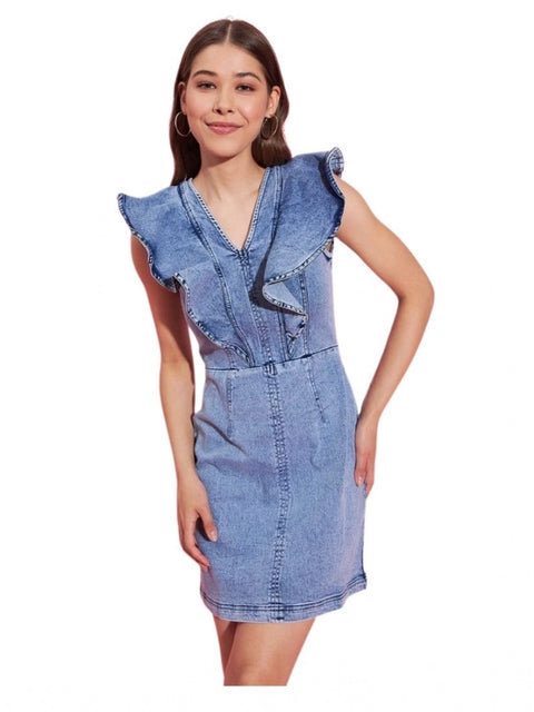 Generic Women's Denim Solid Flutter Sleeve Dress (Blue)