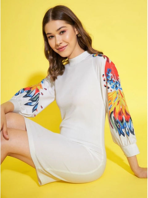 Generic Women's Polyester Lycra Printed Long Sleeve Dress (Multicolor)