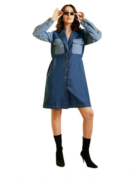 Generic Women's Denim Color Blocking Roll Up Dress (Blue)
