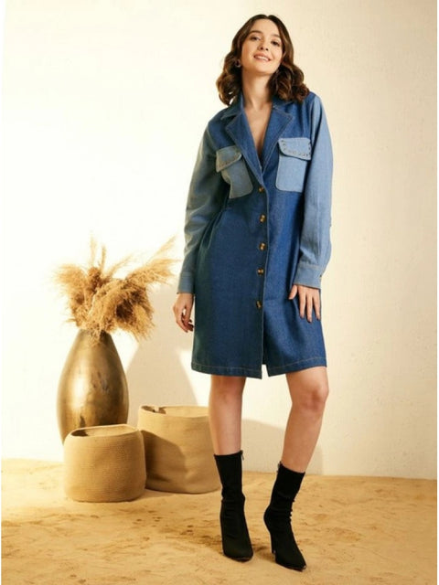 Generic Women's Denim Color Blocking Roll Up Dress (Blue)