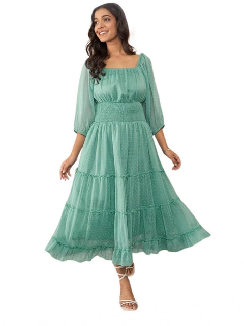 Generic Women's Chiffon Solid Puff Sleeve Dress (Green)