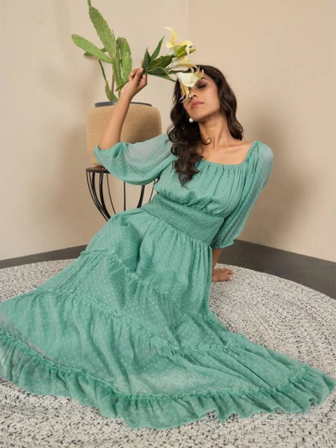 Generic Women's Chiffon Solid Puff Sleeve Dress (Green)