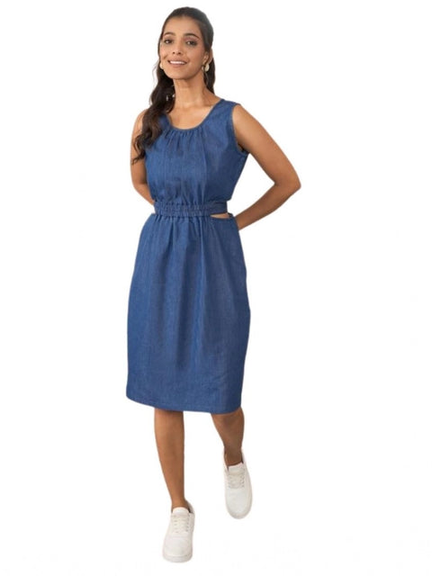 Generic Women's Denim Solid Sleeveless Dress (Blue)