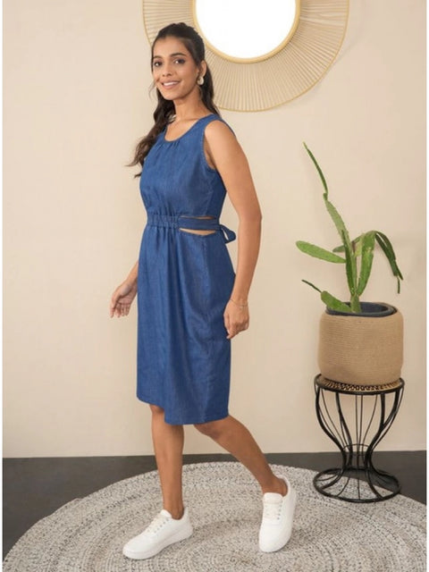 Generic Women's Denim Solid Sleeveless Dress (Blue)