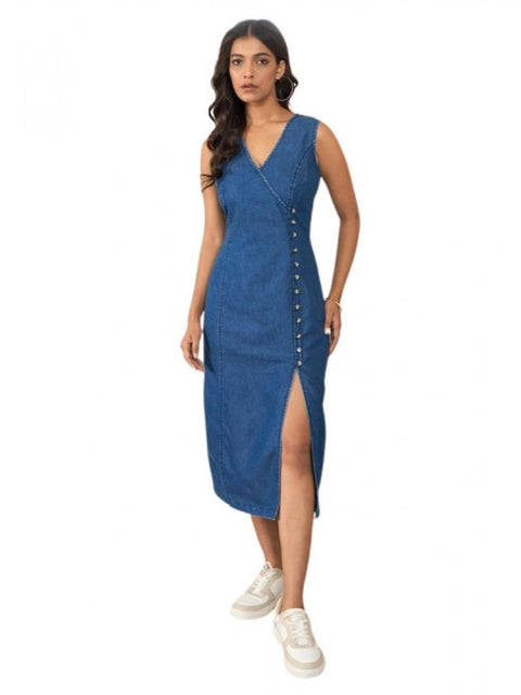 Generic Women's Denim Solid Sleeveless Dress (Blue)