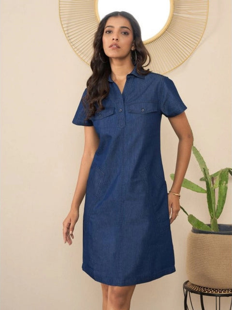 Generic Women's Denim Solid Sleeveless Dress (Blue)