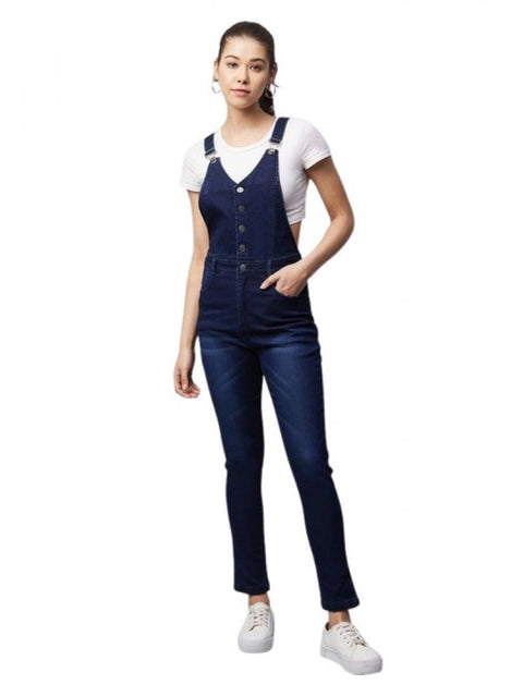Generic Women's Denim Lycra Solid Buttoned Dungaree (Navy)